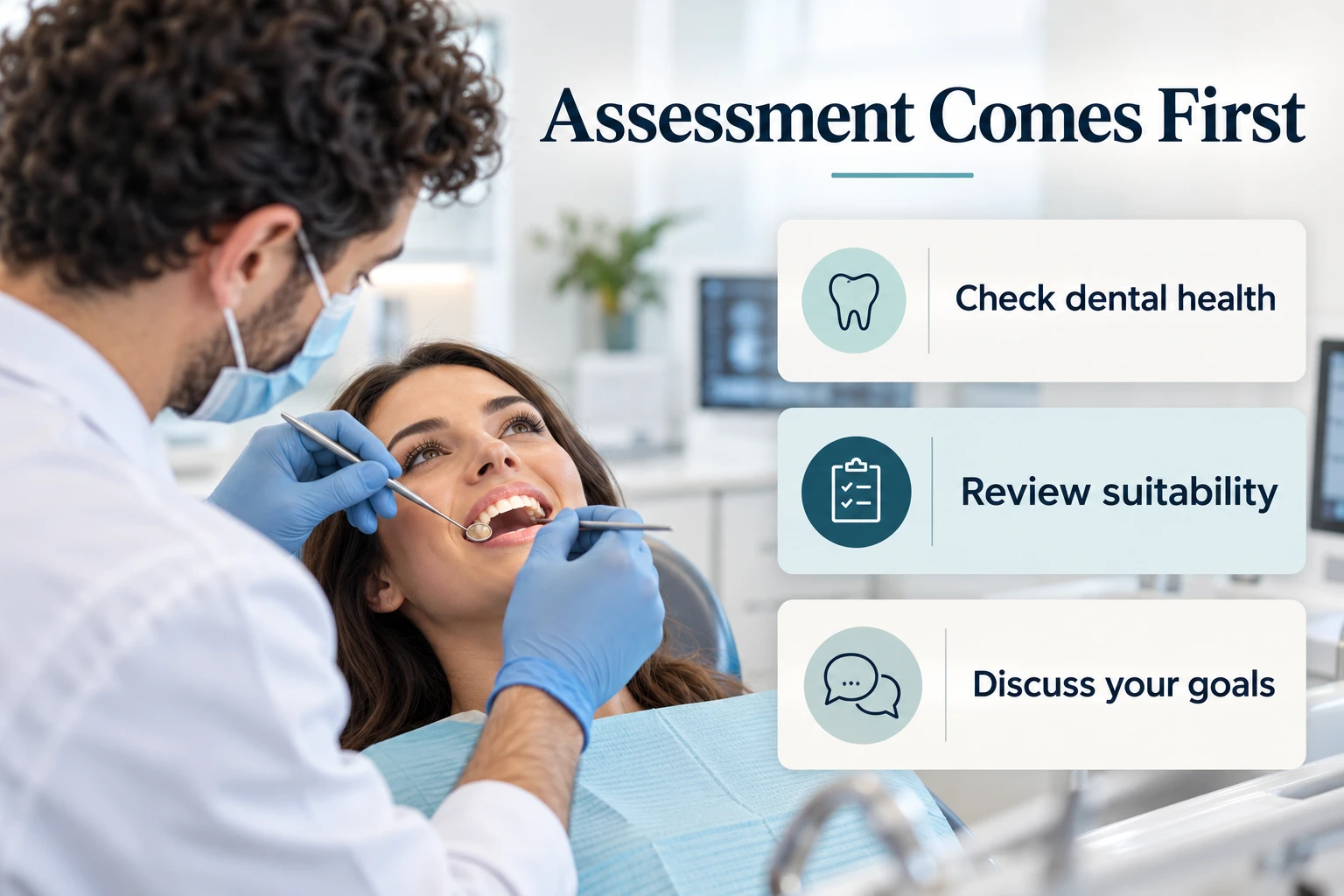 Assessment Comes First infographic: Check dental health; Review suitability; Discuss your goals
