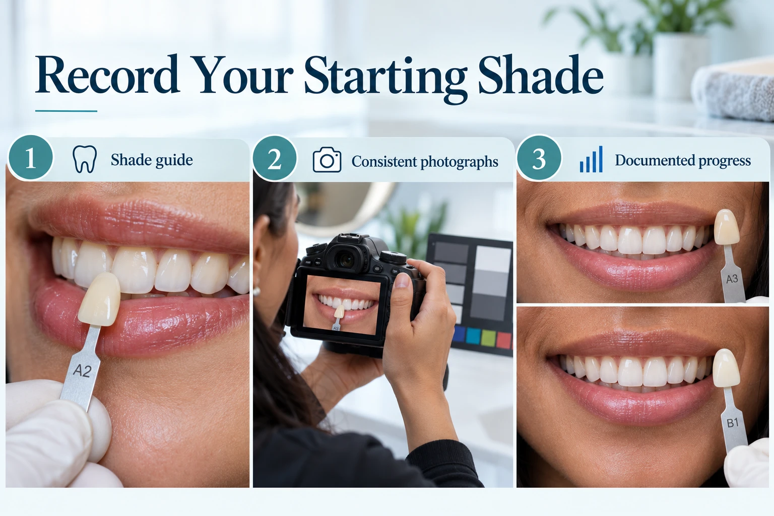 Record Your Starting Shade infographic: Shade guide; Consistent photographs; Documented progress