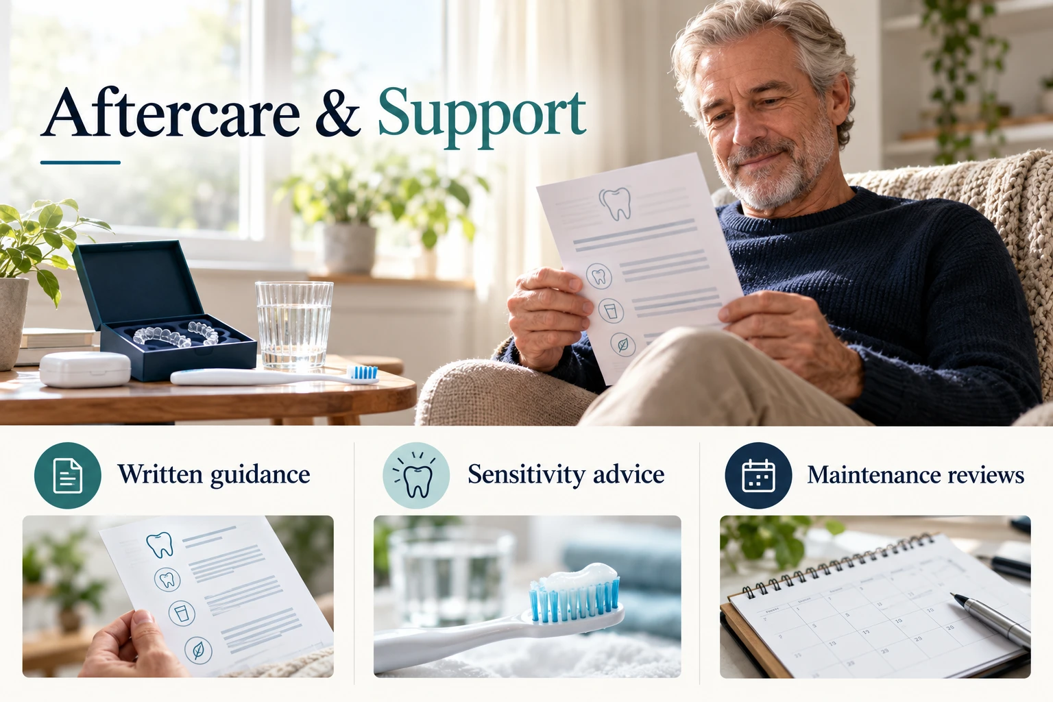 Aftercare & Support infographic: Written guidance; Sensitivity advice; Maintenance reviews