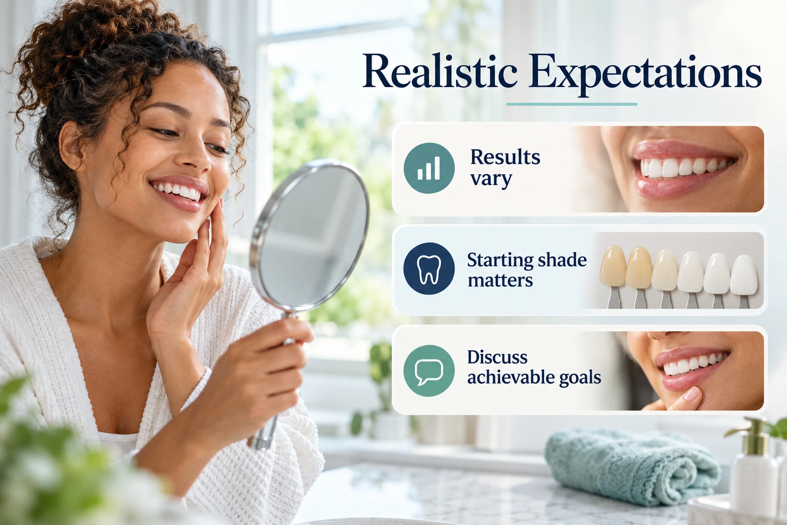 Realistic Expectations infographic: Results vary; Starting shade matters; Discuss achievable goals