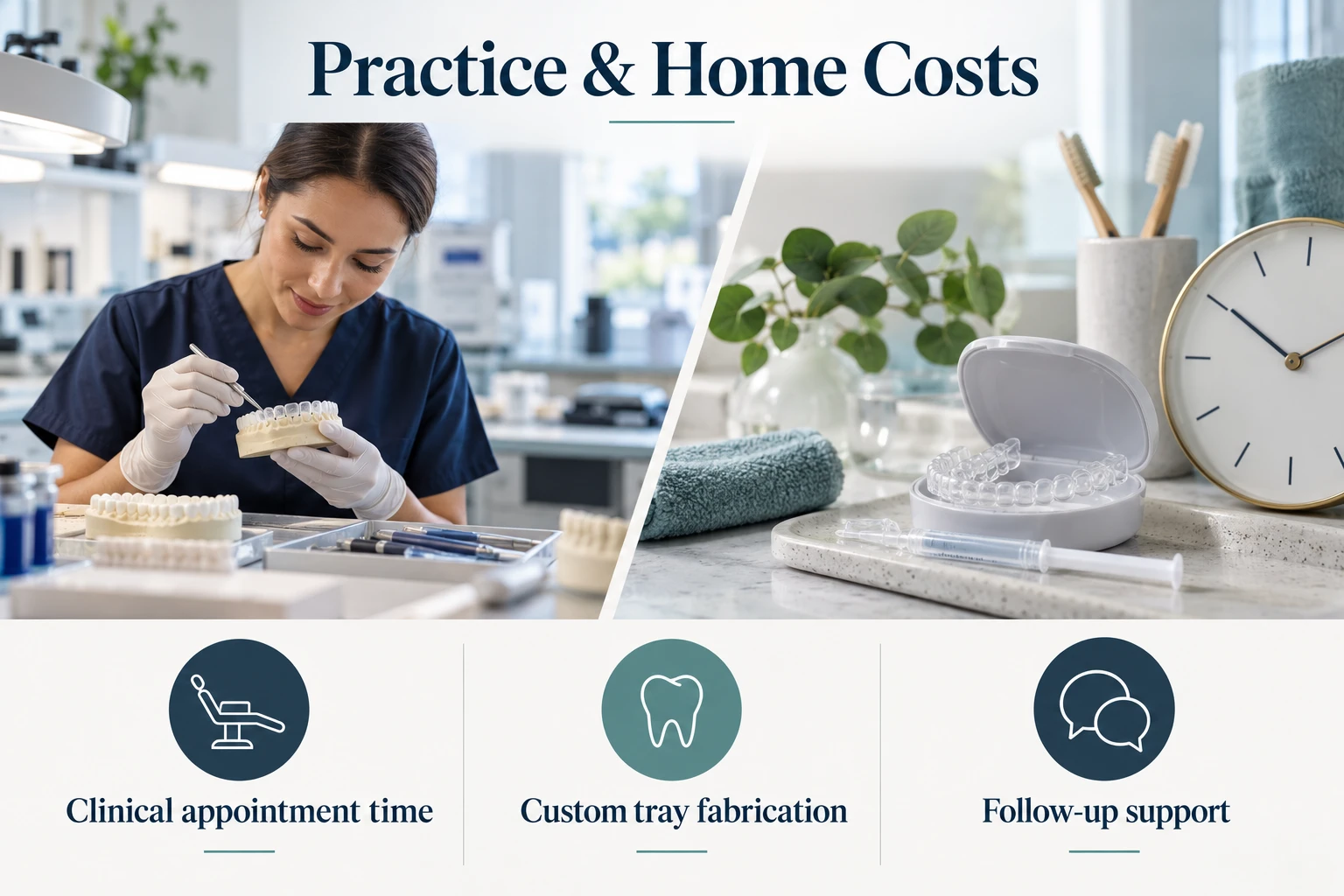 Practice & Home Costs infographic: Clinical appointment time; Custom tray fabrication; Follow-up support