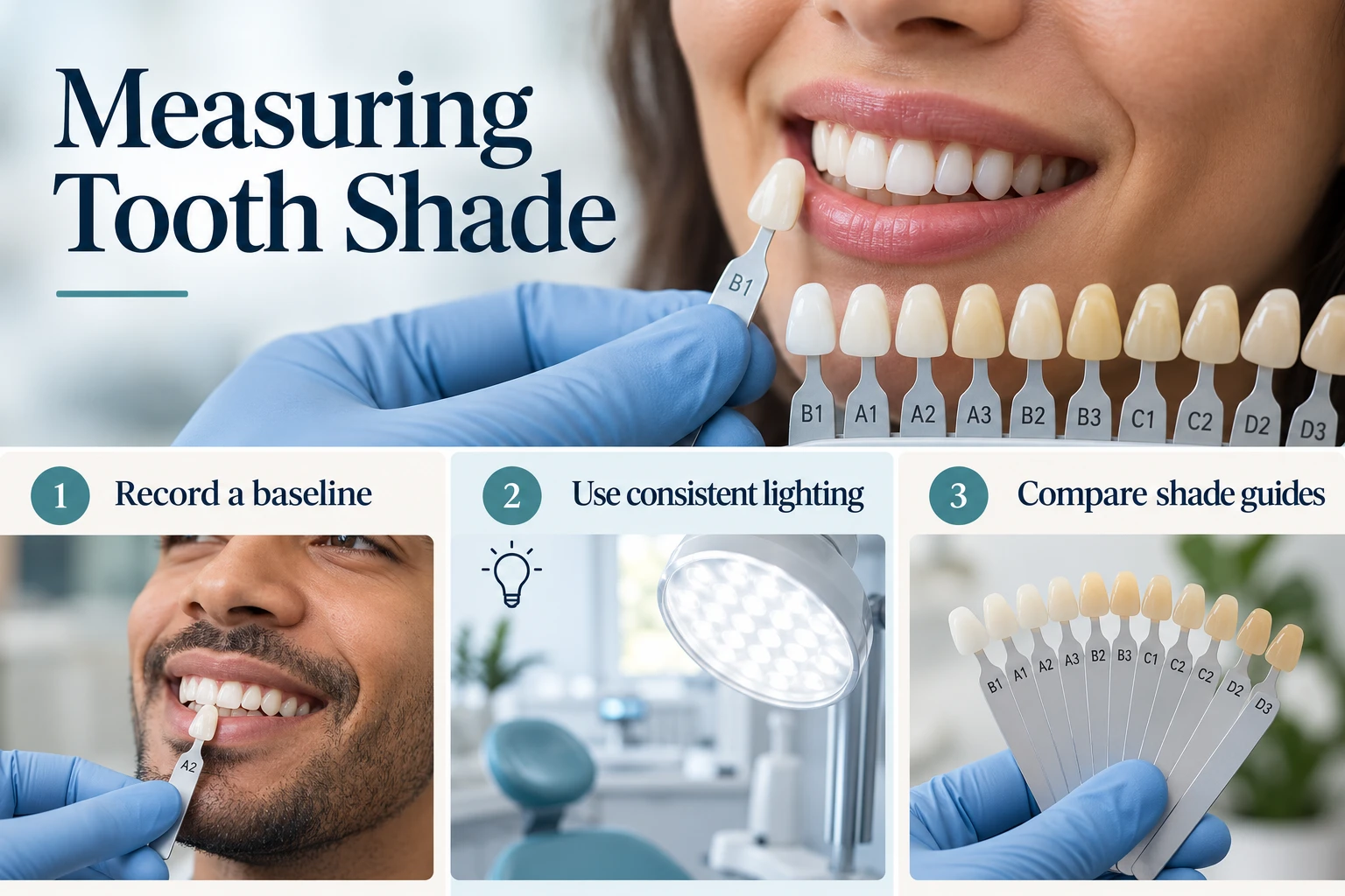 Measuring Tooth Shade infographic: Record a baseline; Use consistent lighting; Compare shade guides