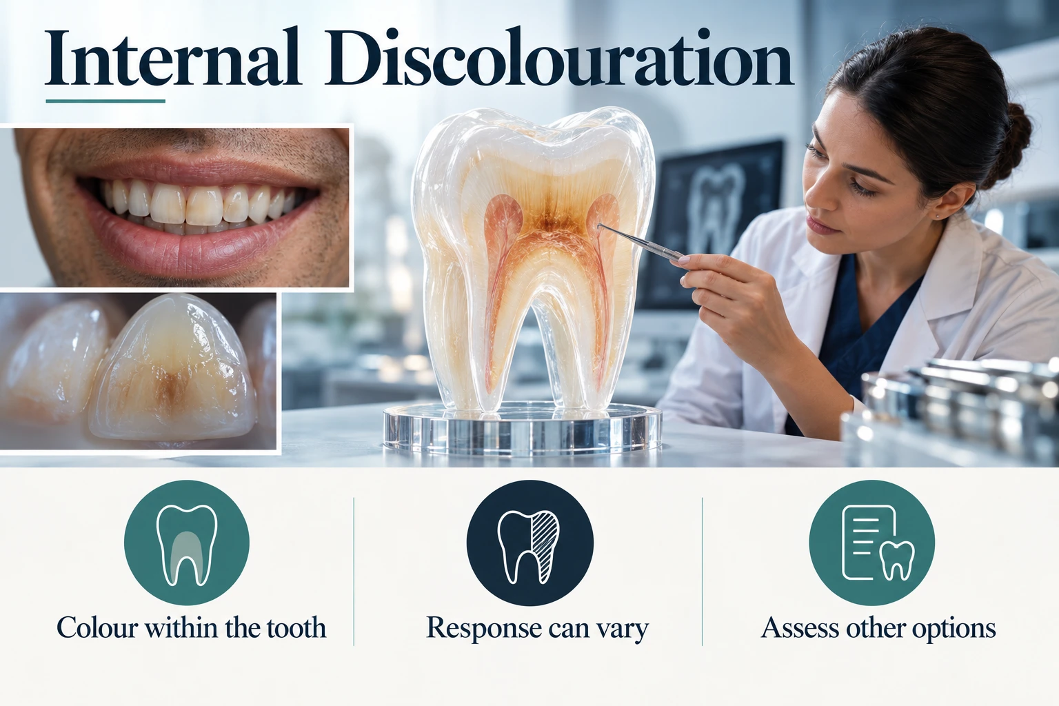 Internal Discolouration infographic: Colour within the tooth; Response can vary; Assess other options