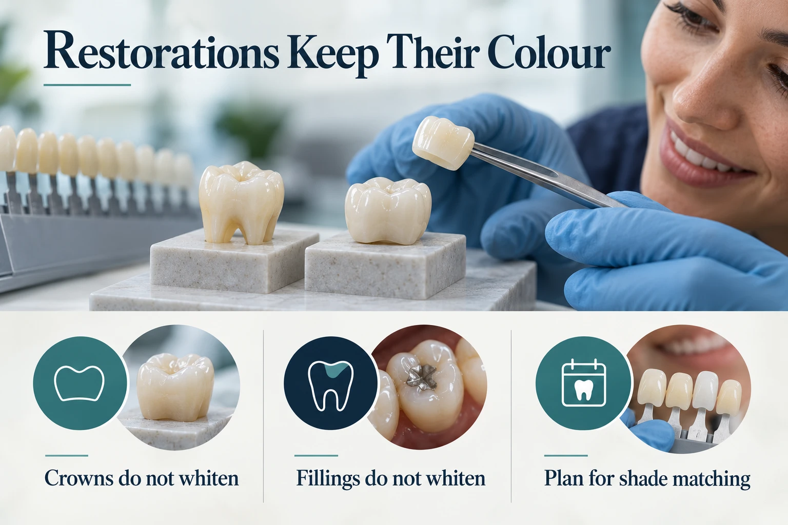 Restorations Keep Their Colour infographic: Crowns do not whiten; Fillings do not whiten; Plan for shade matching