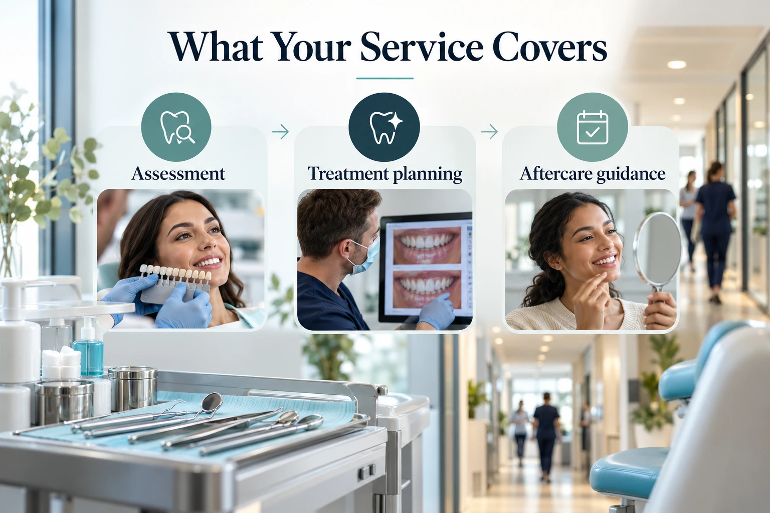 What Your Service Covers infographic: Assessment; Treatment planning; Aftercare guidance