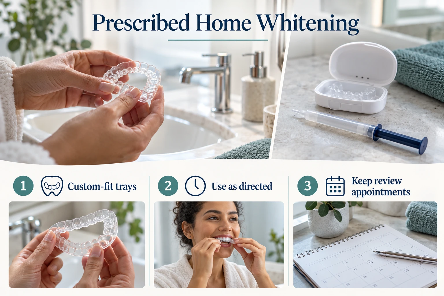 Prescribed Home Whitening infographic: Custom-fit trays; Use as directed; Keep review appointments