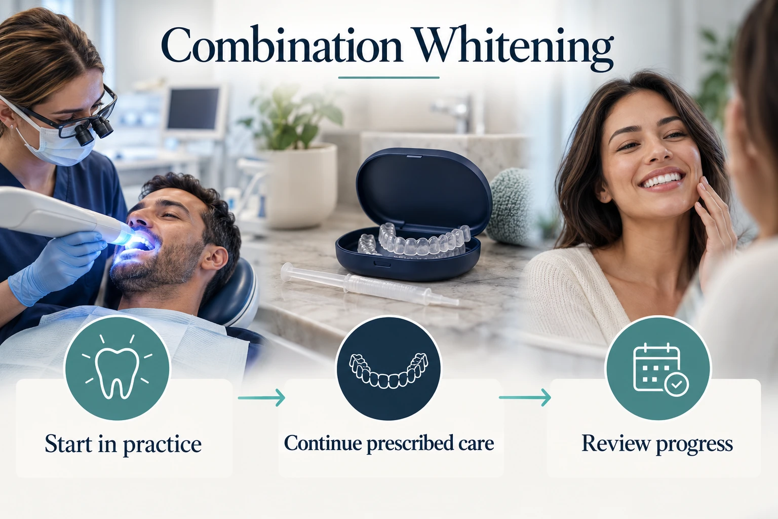 Combination Whitening infographic: Start in practice; Continue prescribed care; Review progress