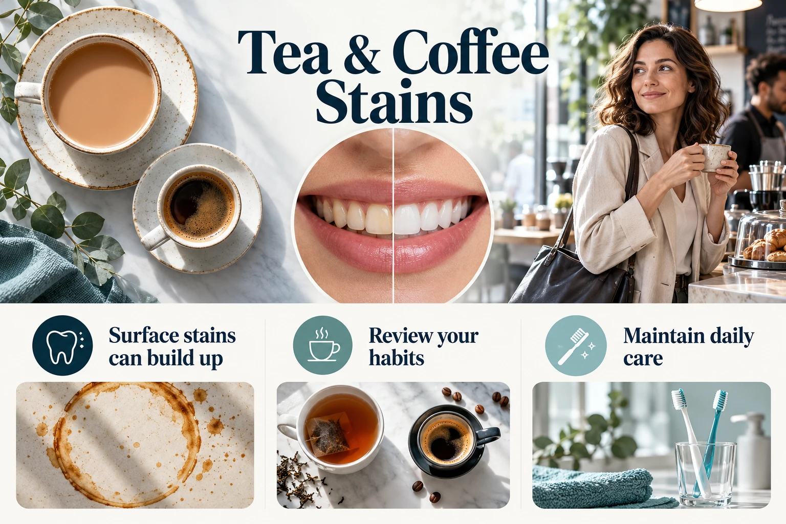 Tea & Coffee Stains infographic: Surface stains can build up; Review your habits; Maintain daily care