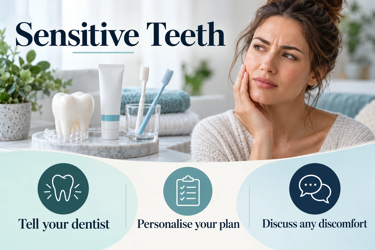 Sensitive Teeth infographic: Tell your dentist; Personalise your plan; Discuss any discomfort