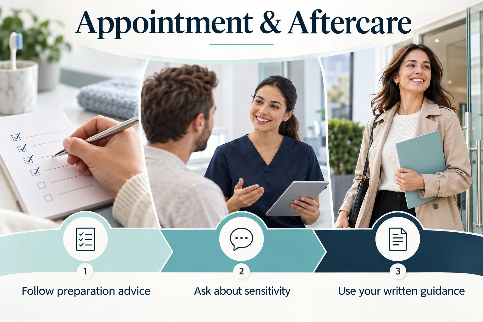 Appointment & Aftercare infographic: Follow preparation advice; Ask about sensitivity; Use your written guidance